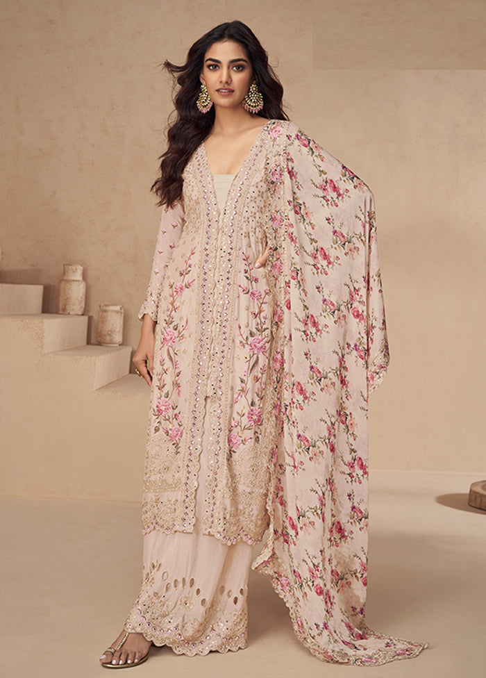 3 Pc Peach Silk Plazzo Suits Set