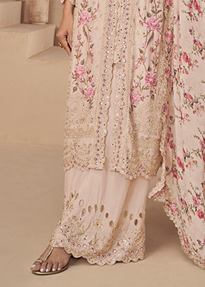 3 Pc Peach Silk Plazzo Suits Set