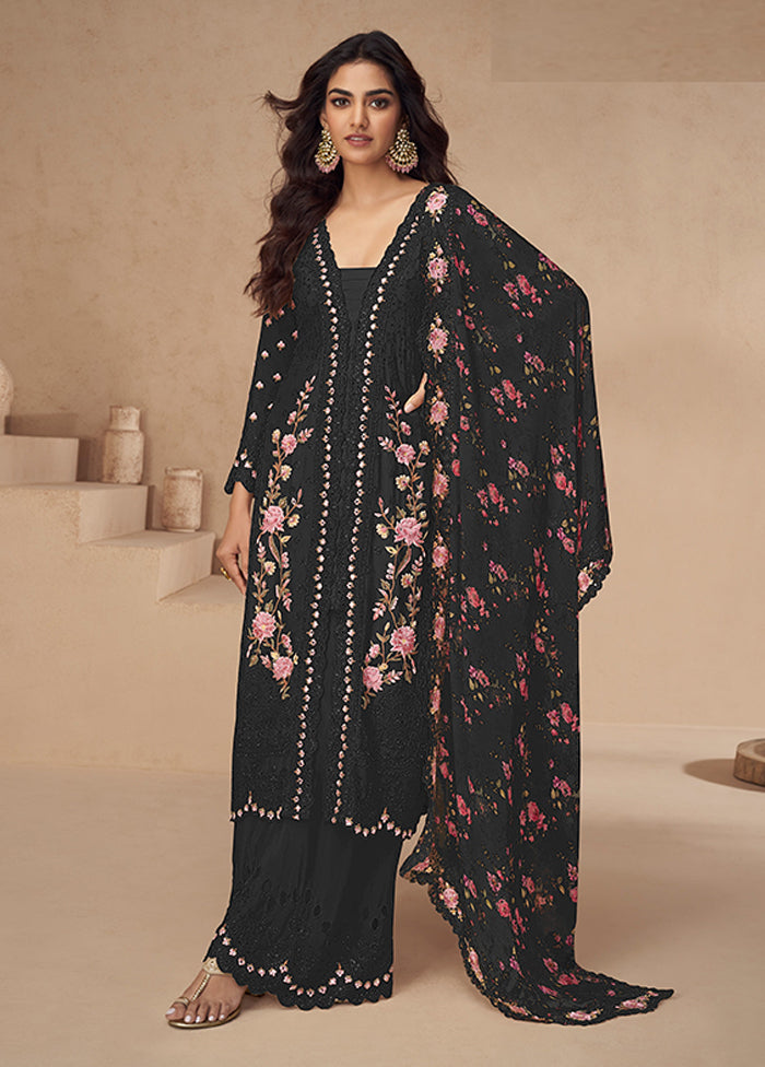 3 Pc Black Silk Plazzo Suits Set