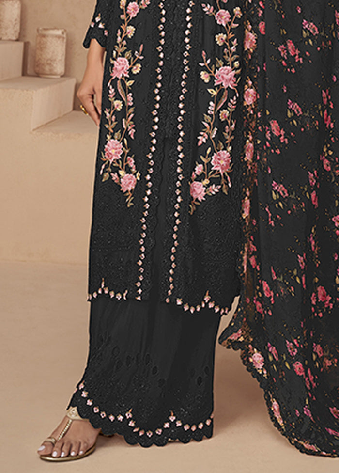3 Pc Black Silk Plazzo Suits Set