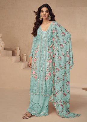 3 Pc Blue Silk Plazzo Suits Set