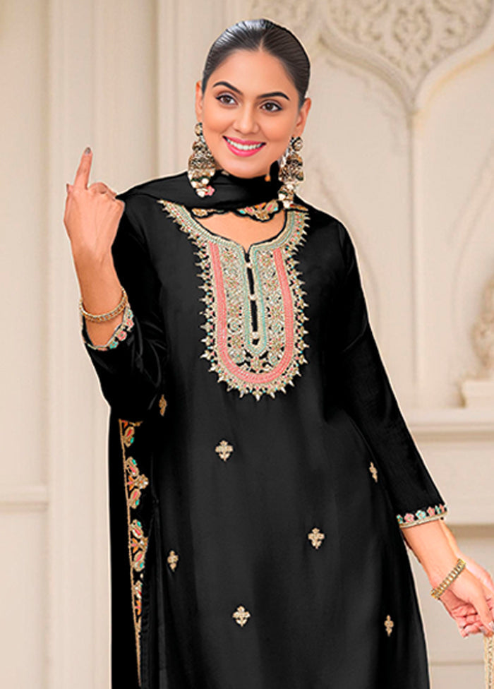 3 Pc Black Silk Plazzo Suits Set