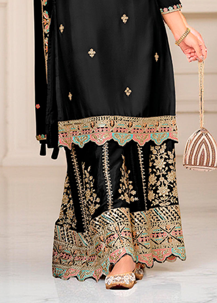 3 Pc Black Silk Plazzo Suits Set