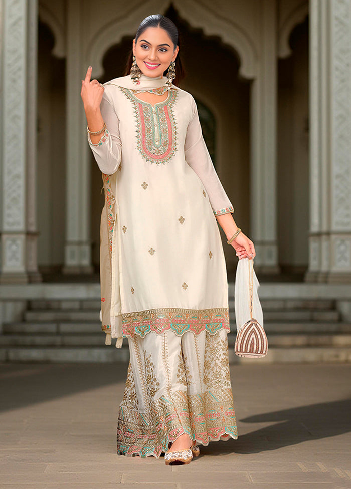 3 Pc Cream Silk Plazzo Suits Set