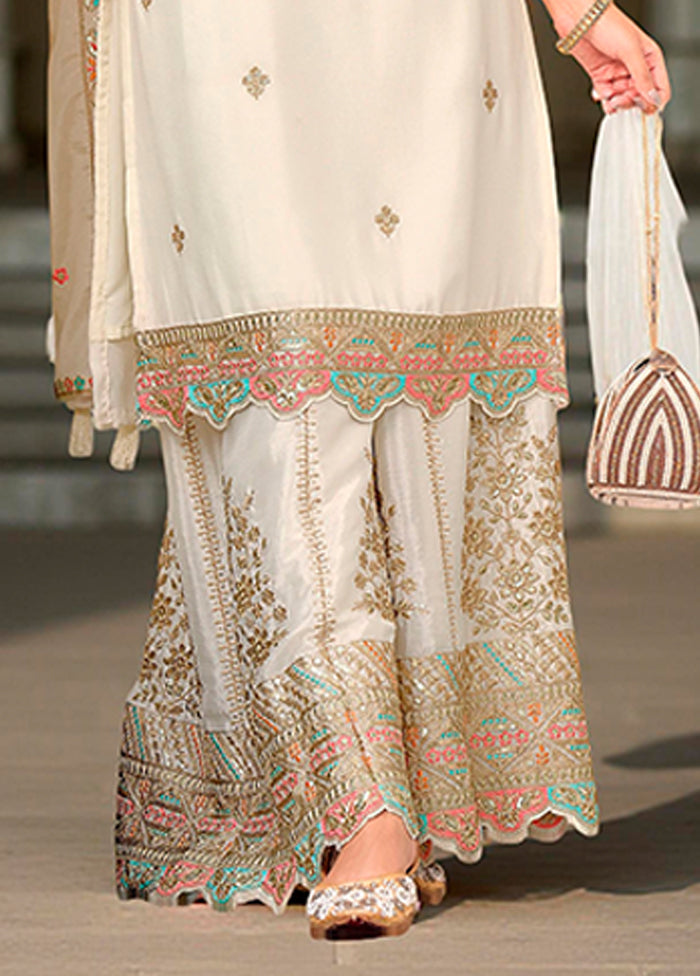 3 Pc Cream Silk Plazzo Suits Set