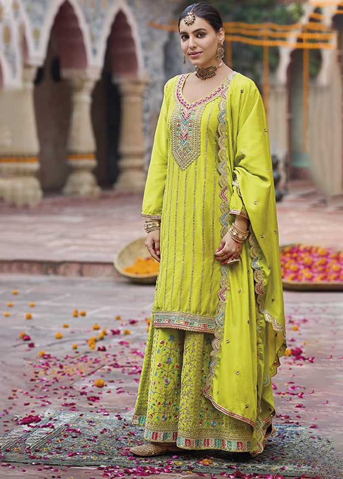 3 Pc Yellow Silk Plazzo Suits Set