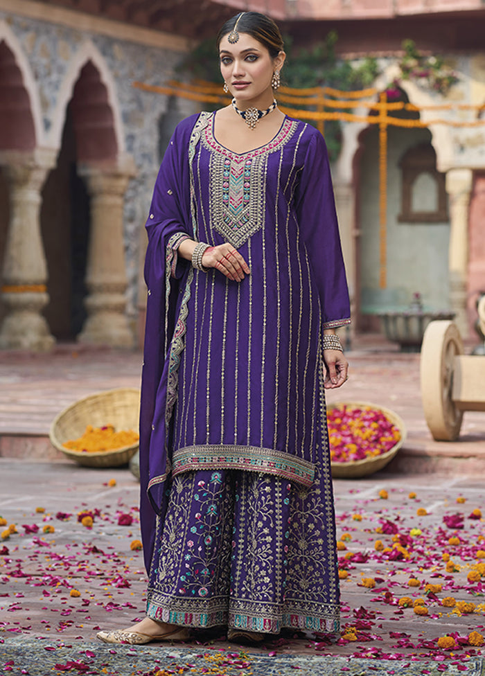 3 Pc Purple Silk Plazzo Suits Set