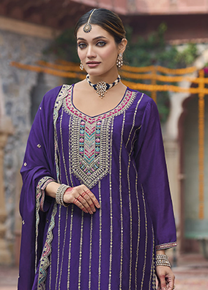 3 Pc Purple Silk Plazzo Suits Set