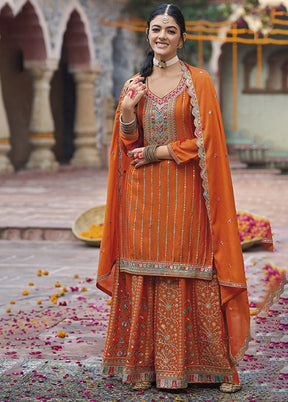 3 Pc Orange Silk Plazzo Suits Set