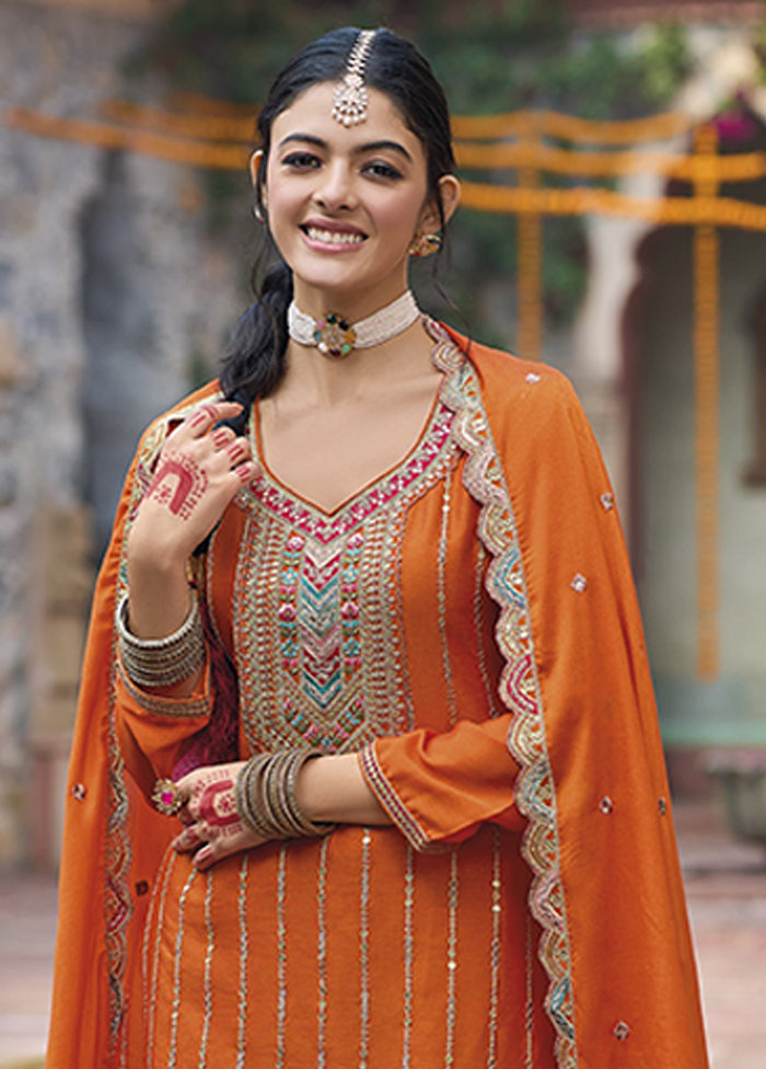 3 Pc Orange Silk Plazzo Suits Set