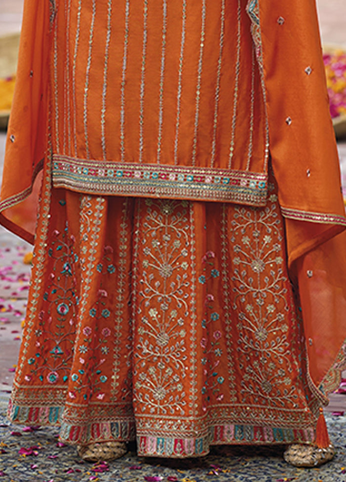 3 Pc Orange Silk Plazzo Suits Set
