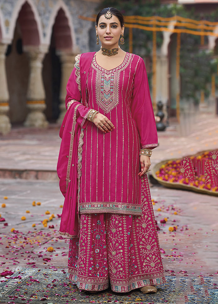 3 Pc Pink Silk Plazzo Suits Set