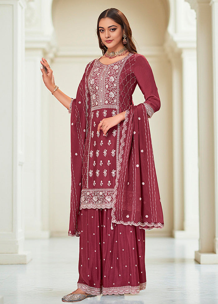 3 Pc Wine Silk Plazzo Suits Set