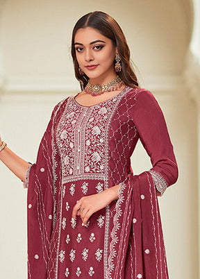 3 Pc Wine Silk Plazzo Suits Set