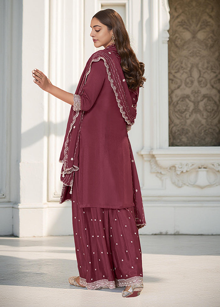 3 Pc Wine Silk Plazzo Suits Set