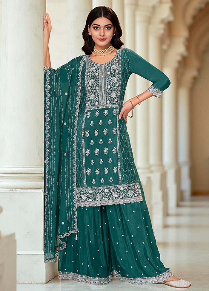3 Pc Green Silk Plazzo Suits Set
