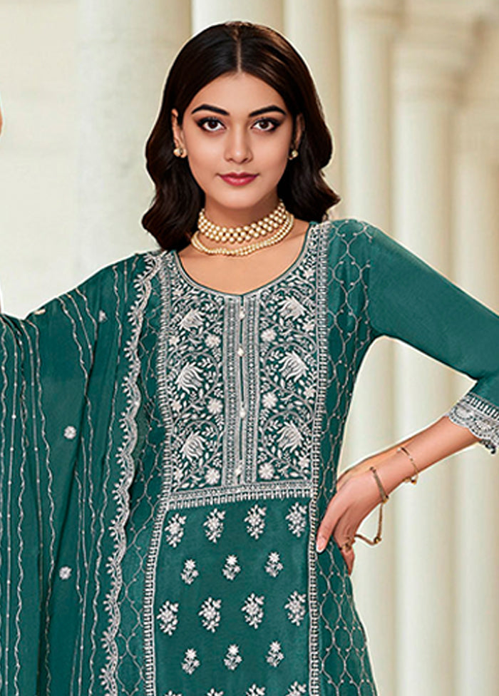 3 Pc Green Silk Plazzo Suits Set