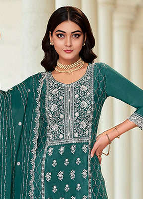 3 Pc Green Silk Plazzo Suits Set