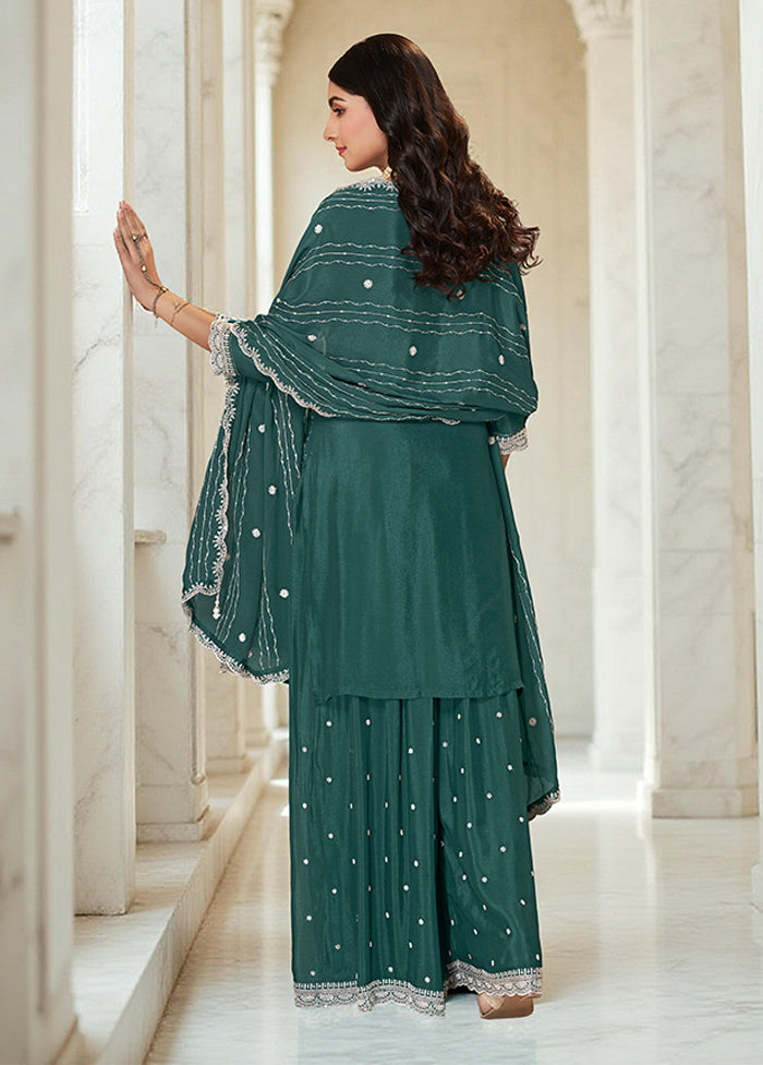 3 Pc Green Silk Plazzo Suits Set