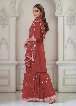 3 Pc Brown Silk Plazzo Suits Set