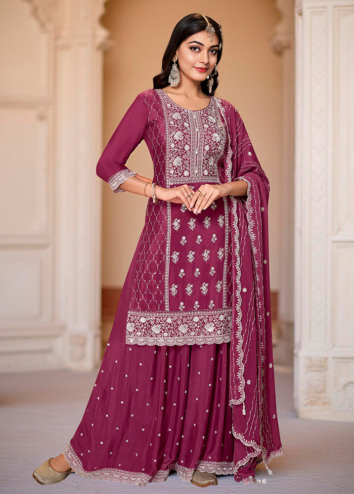3 Pc Purple Silk Plazzo Suits Set