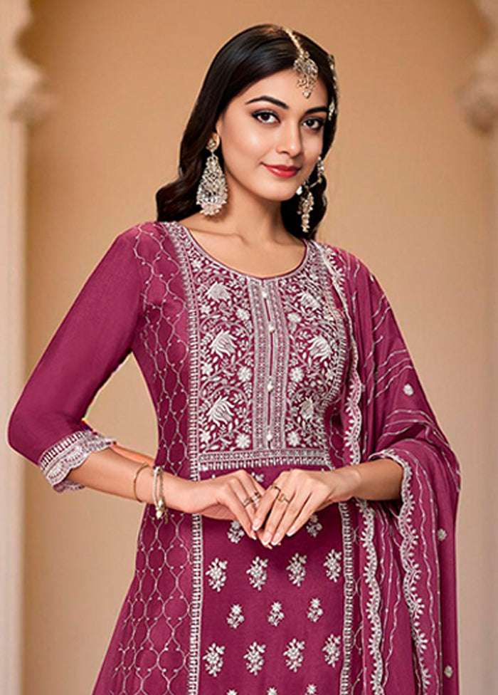 3 Pc Purple Silk Plazzo Suits Set