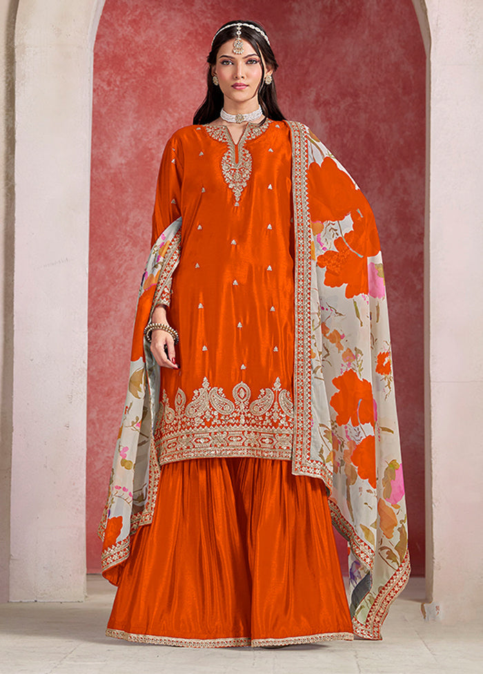 3 Pc Orange Silk Sharara Suits Set
