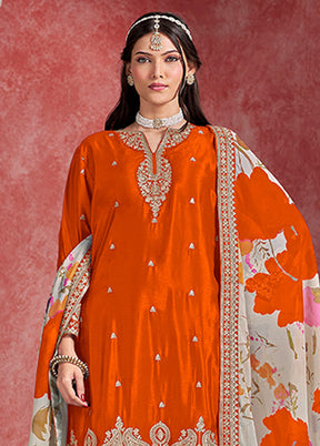 3 Pc Orange Silk Sharara Suits Set