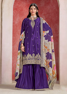 3 Pc Purple Silk Sharara Suits Set