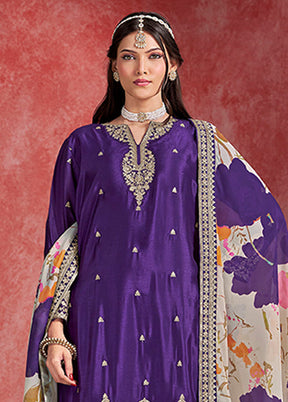 3 Pc Purple Silk Sharara Suits Set