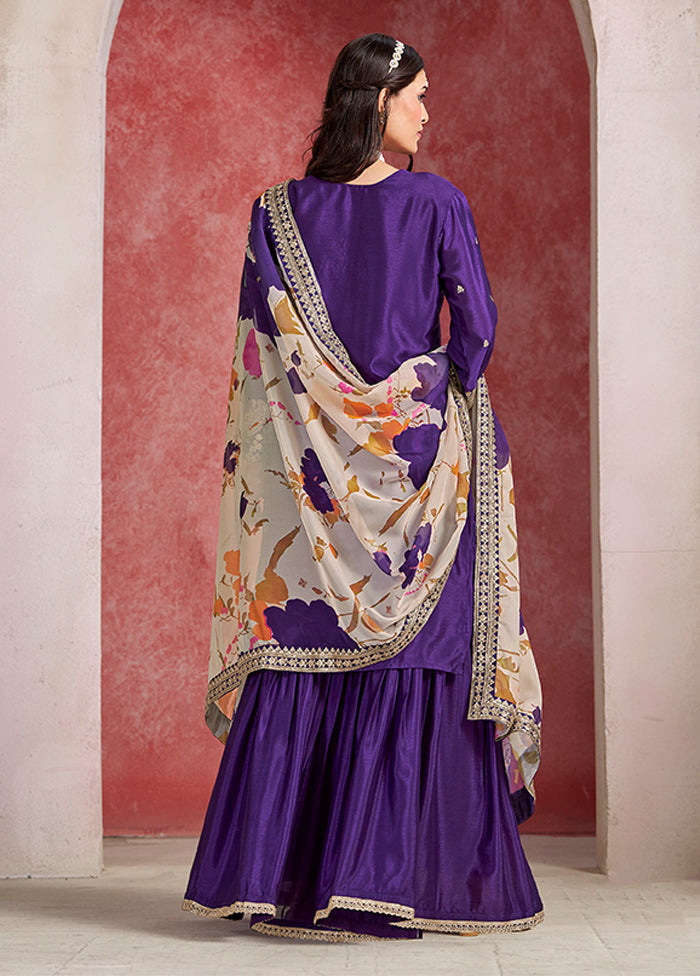 3 Pc Purple Silk Sharara Suits Set