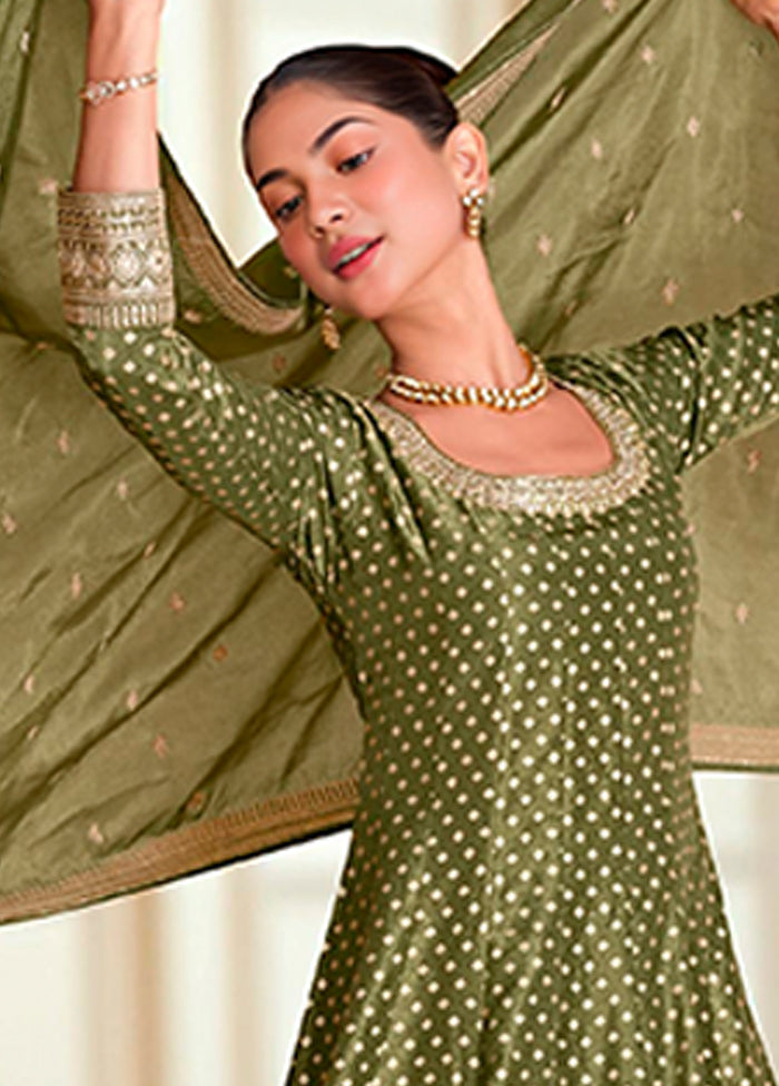 3 Pc Green Silk Anarkali Suits Set
