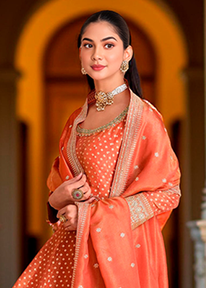3 Pc Orange Silk Anarkali Suits Set