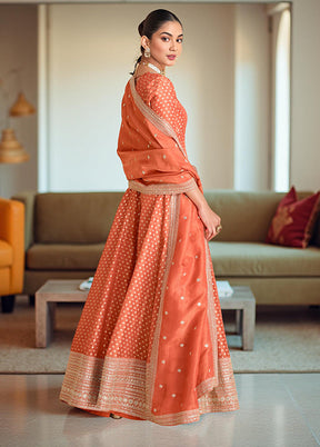 3 Pc Orange Silk Anarkali Suits Set