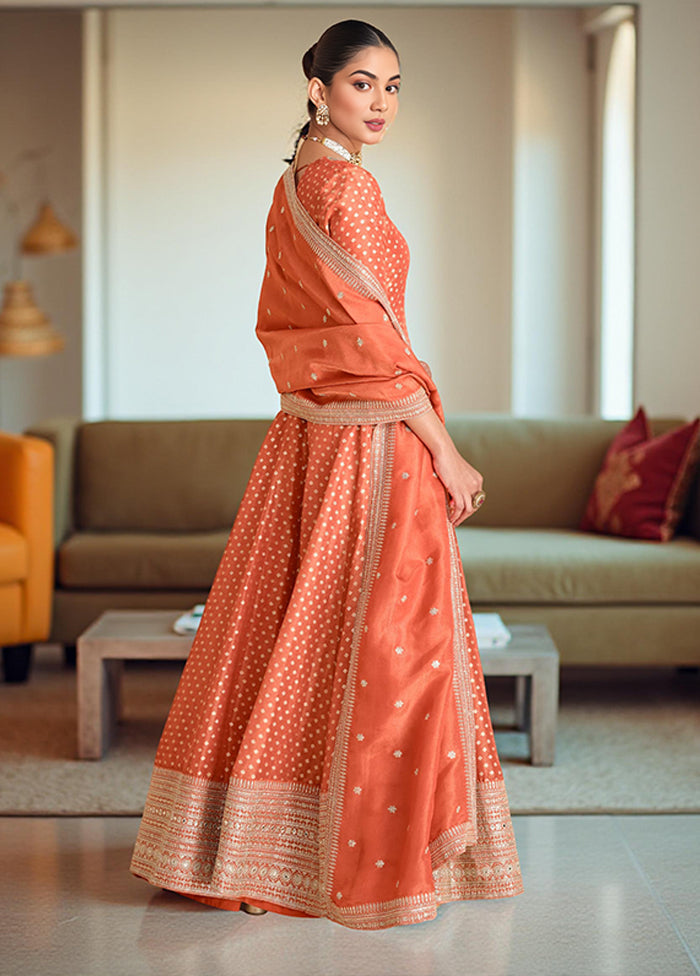 3 Pc Orange Silk Anarkali Suits Set