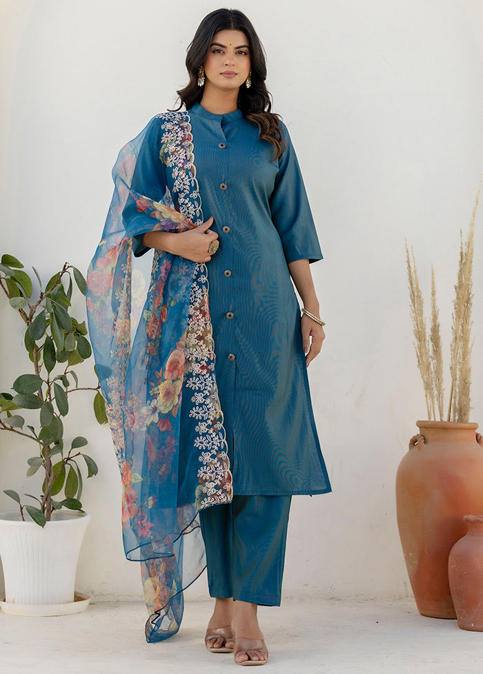 3 Pc Blue Silk Suit Set
