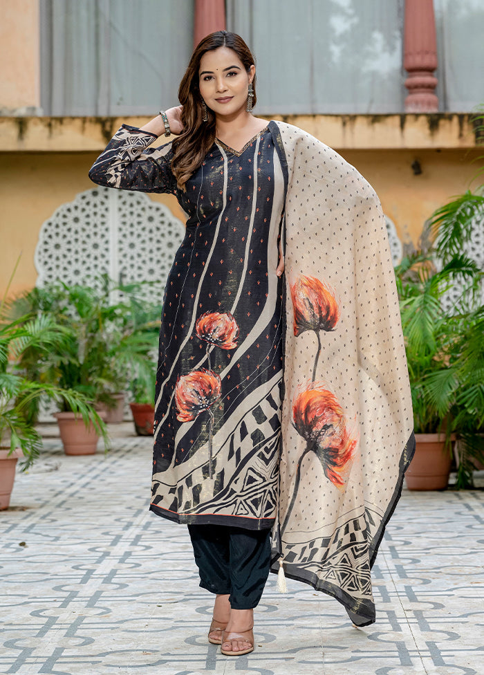 3 Pc Black Silk Suit Set