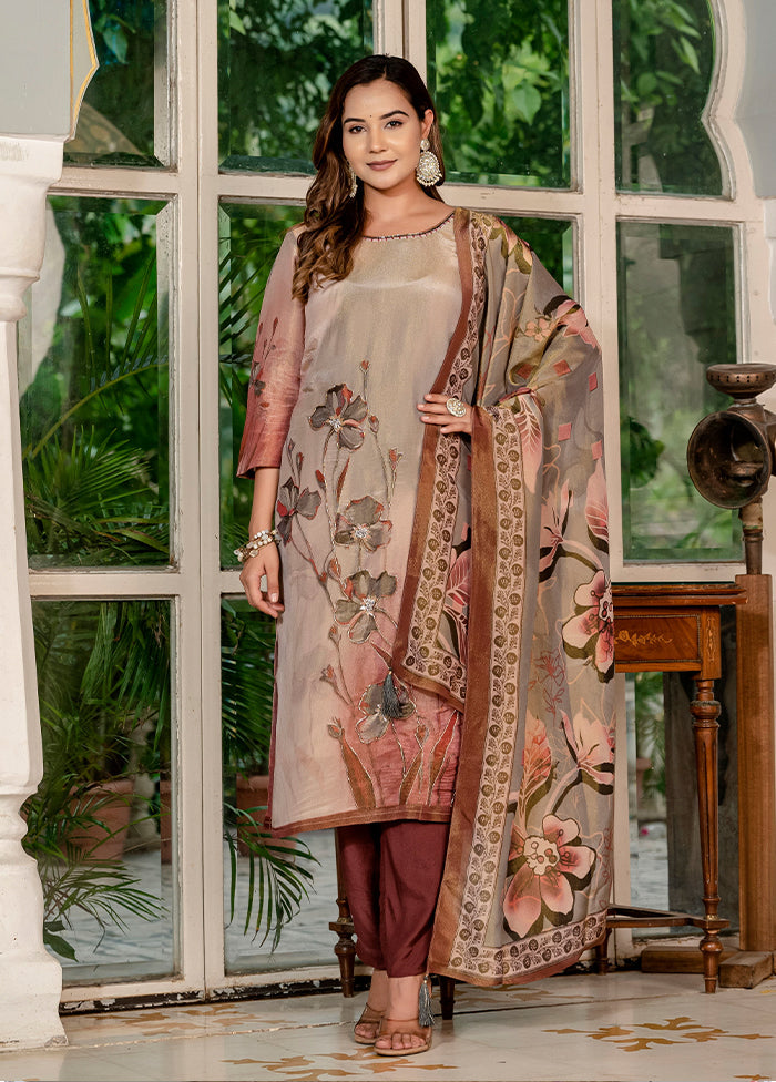 3 Pc Brown Silk Suit Set