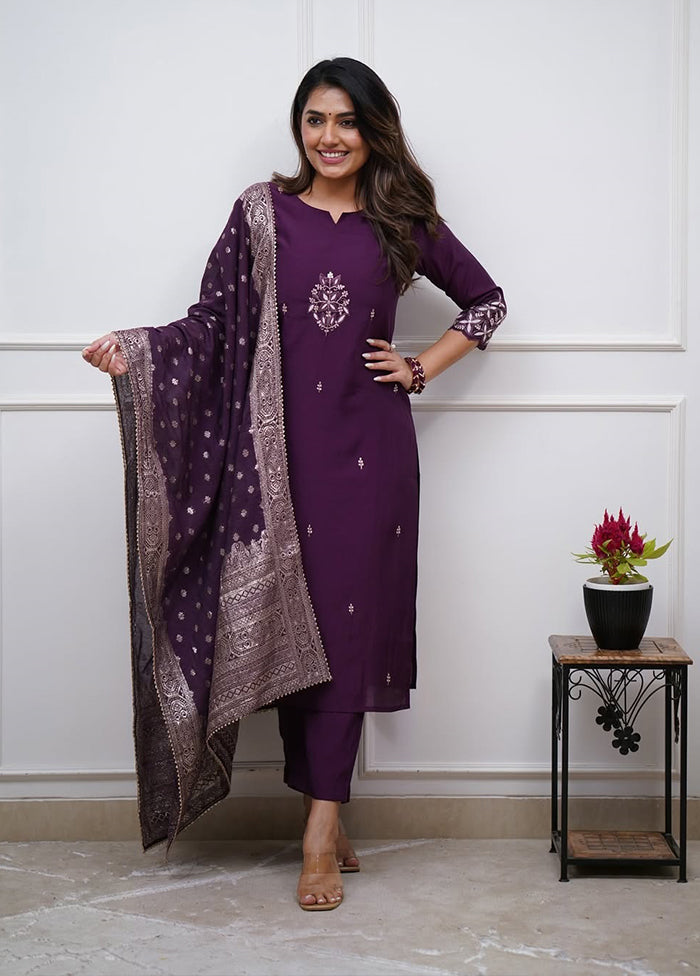 3 Pc Voilet Silk Suit Set
