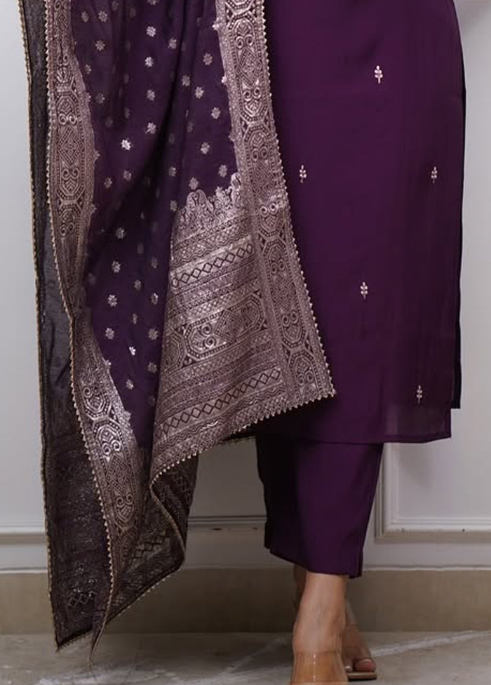 3 Pc Voilet Silk Suit Set