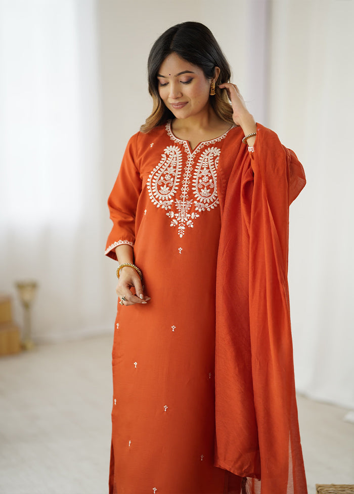 3 Pc Orange Cotton Suit Set