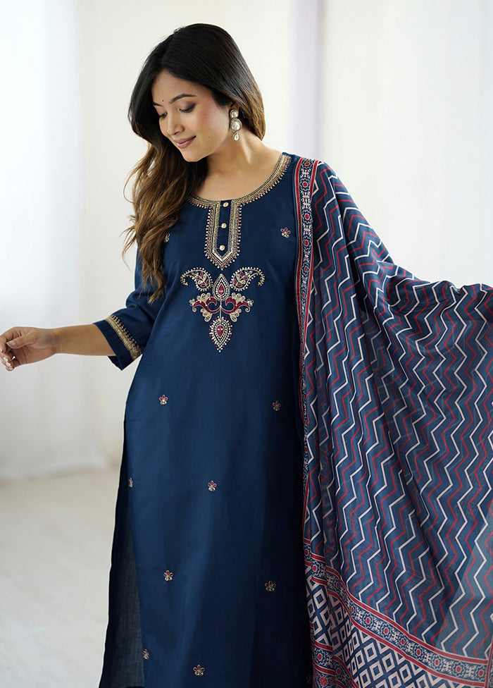 3 Pc Blue Cotton Suit Set