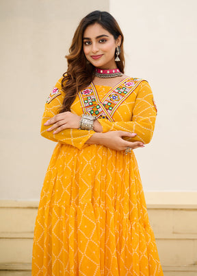 Yellow Bandhani Printed Work Georgette Gown