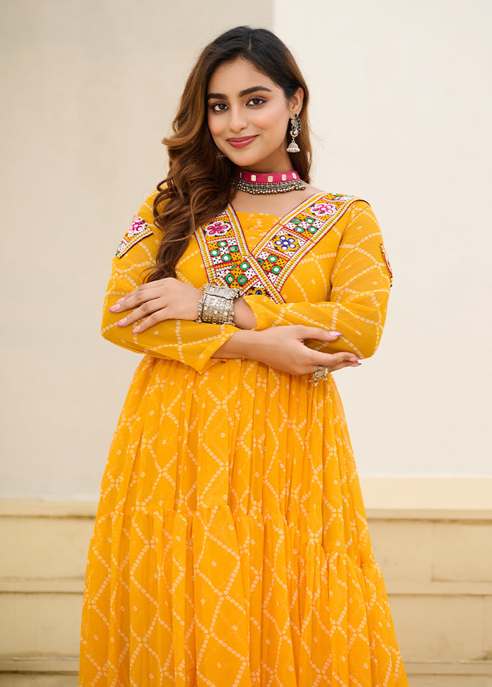 Yellow Bandhani Printed Work Georgette Gown