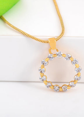 Gold Plated CZ Round Designer Pendant With White Crystals - Indian Silk House Agencies