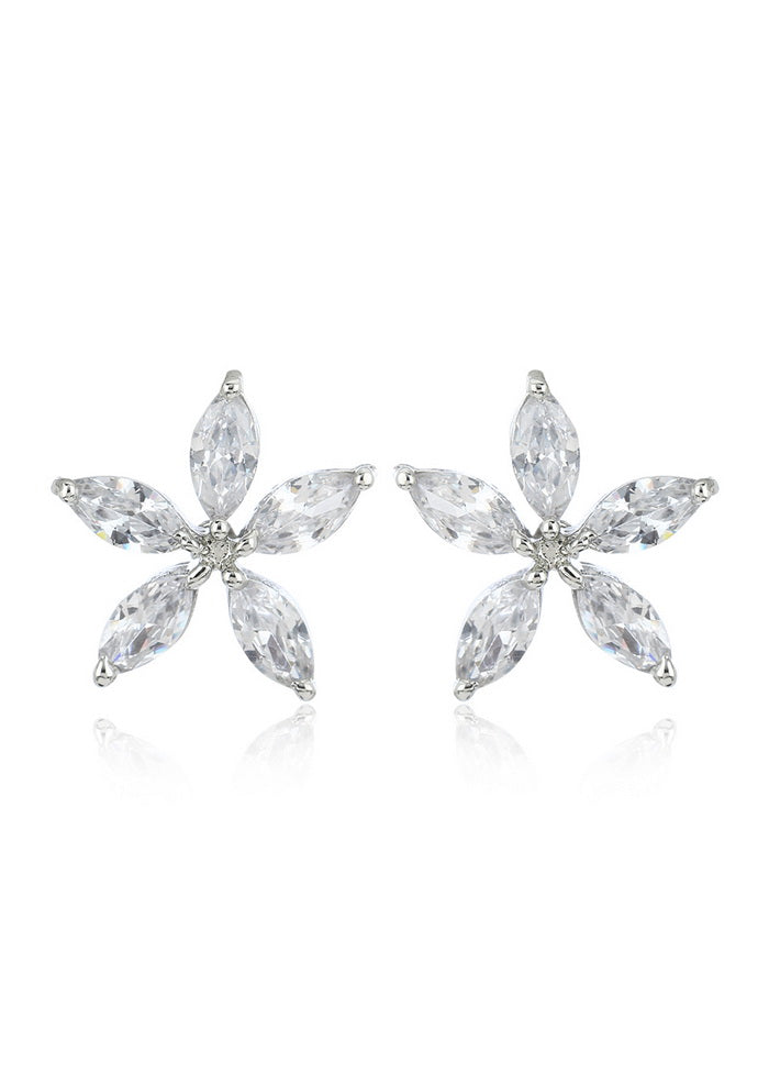 Estele Non Precious Metal Gold Rhodium Plated American Diamond Marquise Flower Stud Earrings for Gir - Indian Silk House Agencies