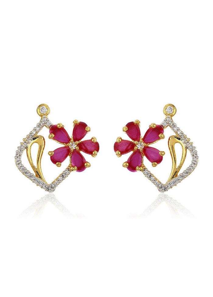 Estele Girls Womens 24K Gold and Silver Plated Brass Metal American Diamond Ruby flower Bouquet Stud - Indian Silk House Agencies