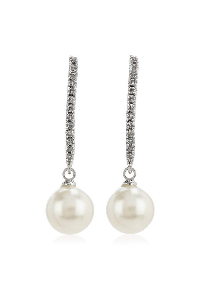 Estele Rhodium Plated Slender diamond studded pearl Drop Earrings - Indian Silk House Agencies