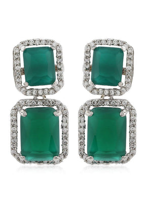 Estele Rhodium Plated Brass American Diamond Radiant Emerald CZ Drop Earrings for Women - Indian Silk House Agencies