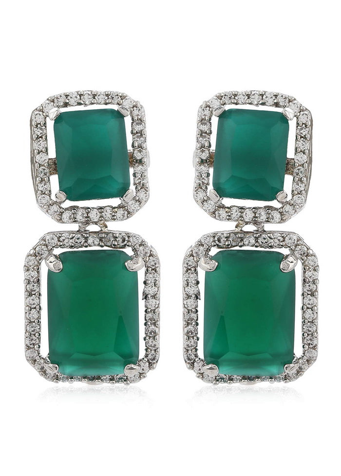 Estele Rhodium Plated Brass American Diamond Radiant Emerald CZ Drop Earrings for Women - Indian Silk House Agencies